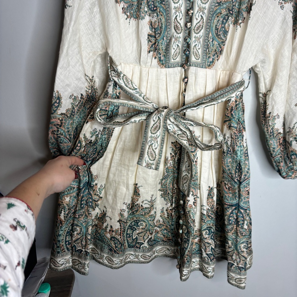 Zimmermann White Mini Dress with Teal and Beige Paisley Embroidery - Picture 13 of 16